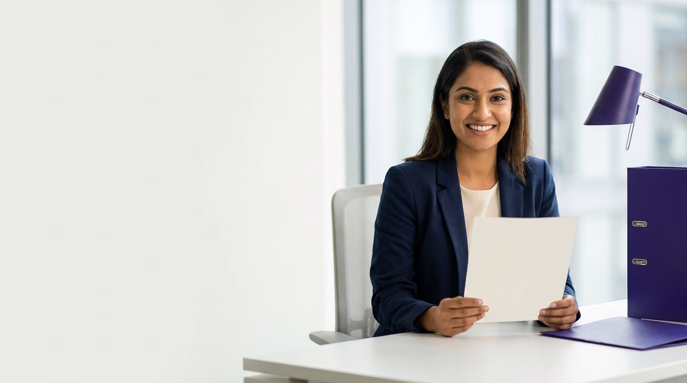 Smiling professional woman in navy blazer sitting at office desk holding a blank leave application paper, purple desk lamp and folder in background