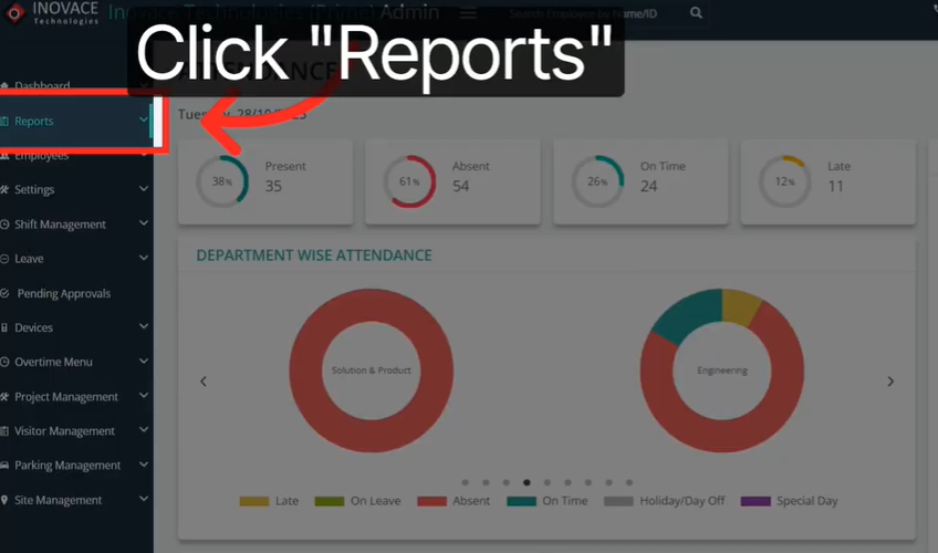 How To Track Employee Late Reports In Your Attendance System 1 Attendance system side menu showing Reports section