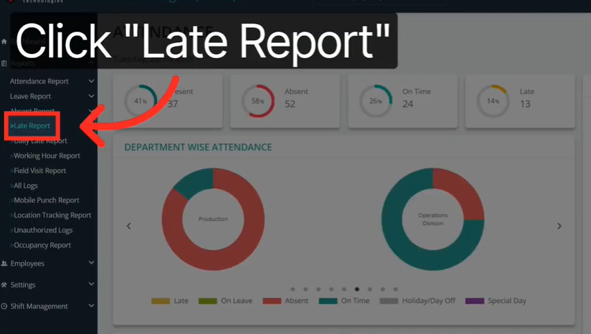 How To Track Employee Late Reports In Your Attendance System 2 Late Report option selected in attendance dashboard