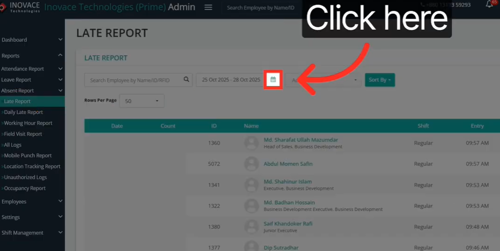 How To Track Employee Late Reports In Your Attendance System 3 Calendar icon for date range selection in late report