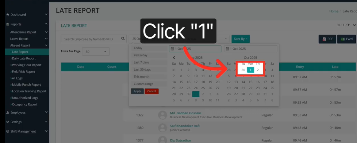 How To Track Employee Late Reports In Your Attendance System 4 Date picker showing 1st to 15th selected for late report filter