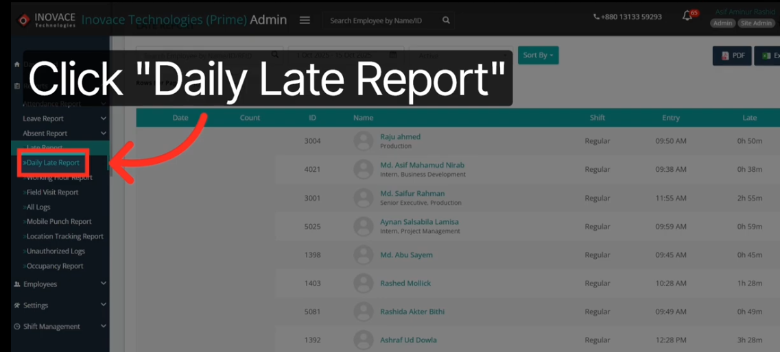 How To Track Employee Late Reports In Your Attendance System 8 Daily Late Report section selected in attendance management system