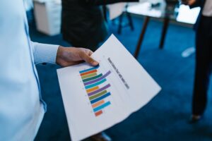 kpis metrics hr manager should track: HR manager reviewing a bar chart KPI report in an office